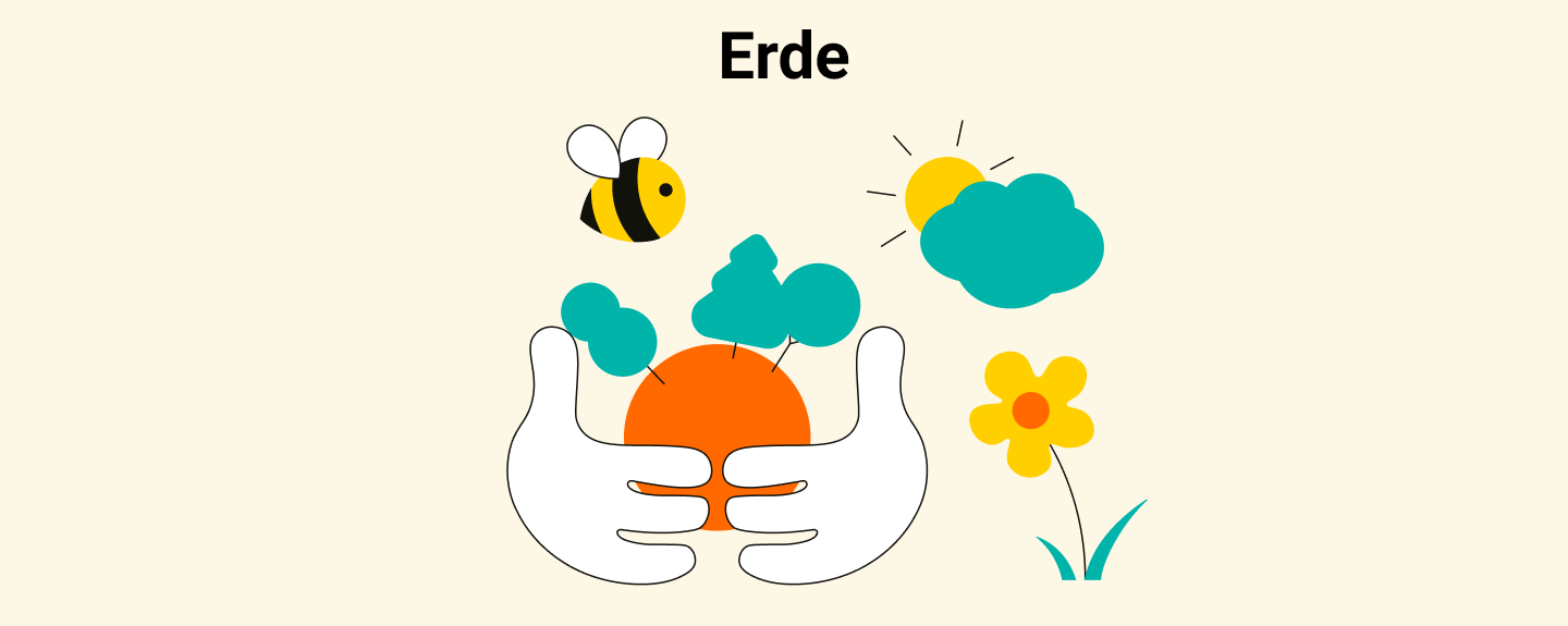 Überschrift: Erde; Illustration zweier Hände, die eine stilisierte Erde halten; daneben Biene, Blume und Sonne